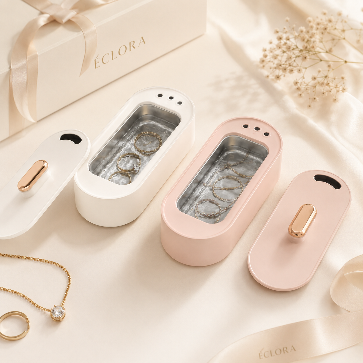 Éclora disponible en blanc et rose avec bijoux
