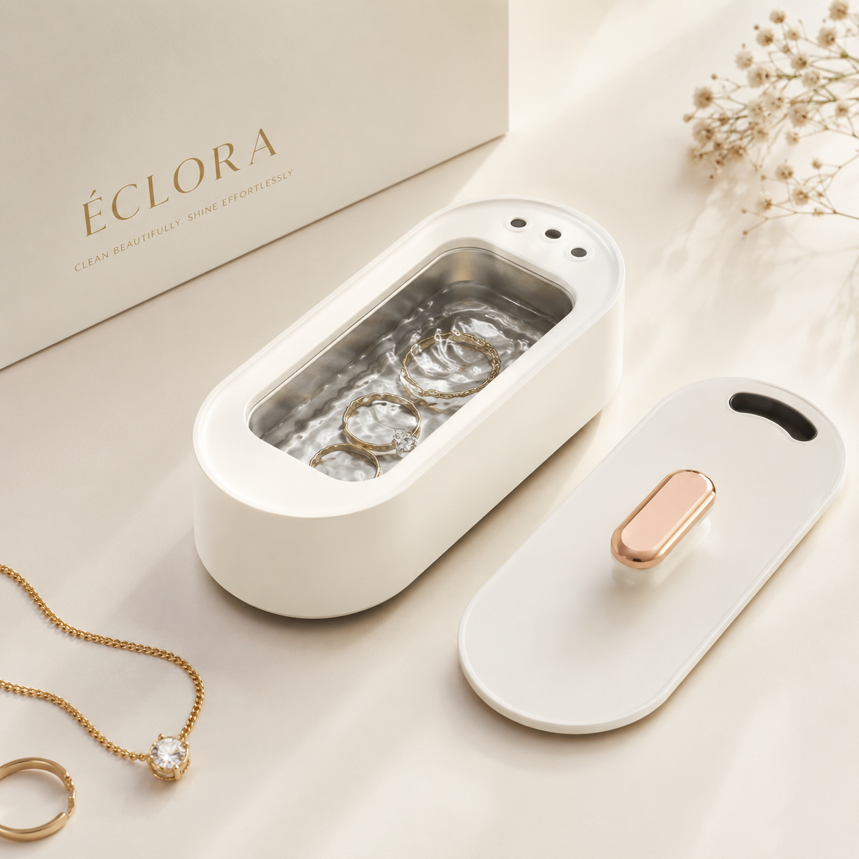 Éclora blanc avec bijoux sur une mise en scène premium